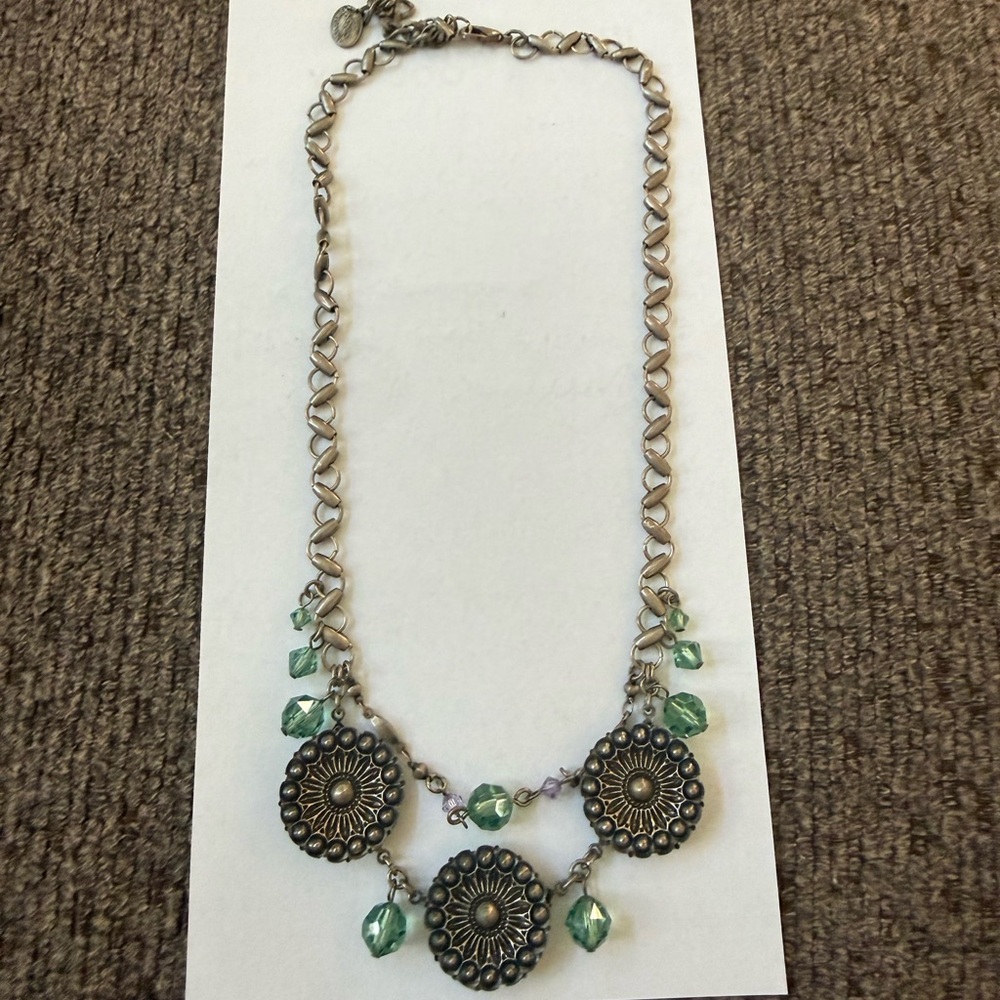 Antique-Style Floral Medallion Necklace with Green Beads